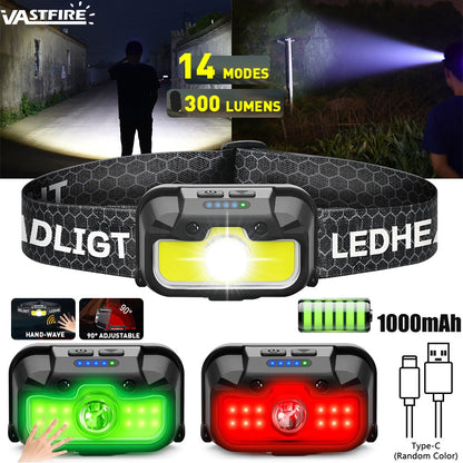 HL 04-12.5 Fishing/Camping Headlamp Rechargeable, Bright Head Lamp with White Red Green, 14 Modes Adjustable Waterproof Motion Sensor Headlight