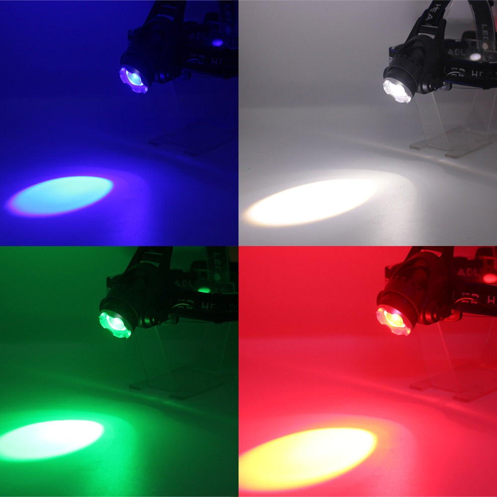 HL 01-13 Red/Green/Blue/White Light 4 In 1 Adjustable  Zoomable Focus LED Headlight, ideal for Fishing...