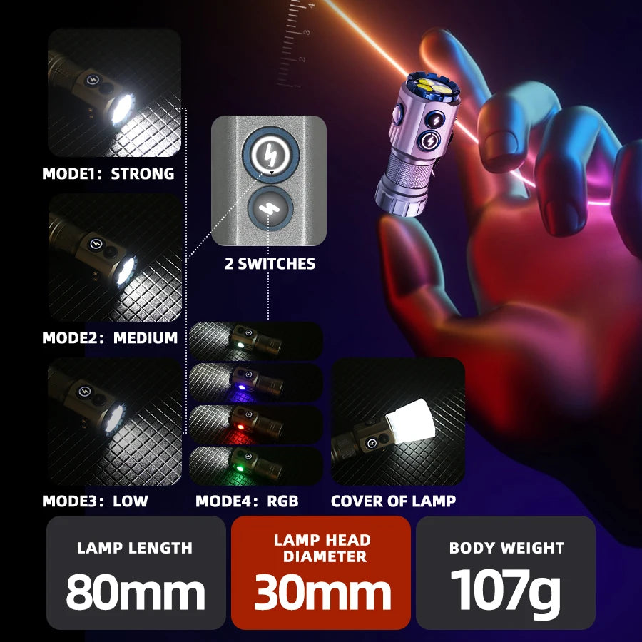 TC 03-6.5 Long Life, Waterproof, 3 LED Flashlight/Lantern, USB Charging 18350 Battery, Magnetic RGB Camping, Fishing Light