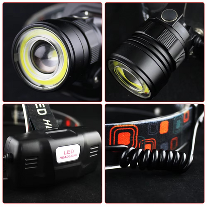 Zoomable LED Headlamp, Micro USB, Rechargeable, Powerful COB Headlight, Waterproof