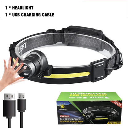 HL 06-6.5 Powerful USB 18650 Built-in Rechargeable Battery, zoomable LED Sensor Headlamp and a white or red COB light, Ideal for Fishing, Camping, Cycling, Dog Walking...