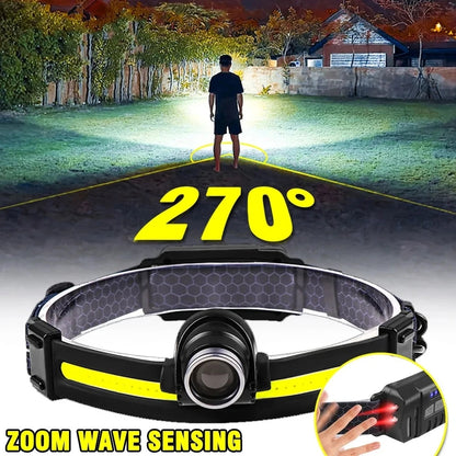 HL 03-6.5 Powerful USB 18650 Built-in Rechargeable Battery, zoomable LED Sensor Headlamp and a white or red COB light, Ideal for Fishing, Camping, Cycling, Dog Walking...