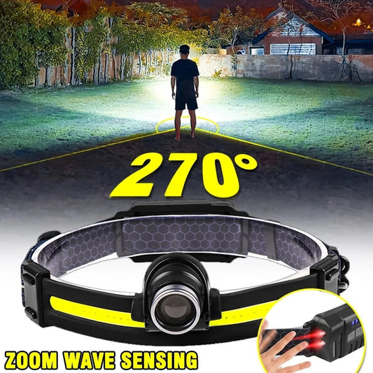 HL 03-6.5 Powerful USB 18650 Built-in Rechargeable Battery, zoomable LED Sensor Headlamp and a white or red COB light, Ideal for Fishing, Camping, Cycling, Dog Walking...
