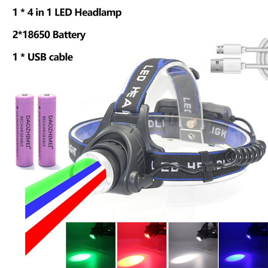 HL 01-20 Red/Green/Blue/White Light 4 In 1 Adjustable  Zoomable Focus LED Headlight, ideal for Fishing...